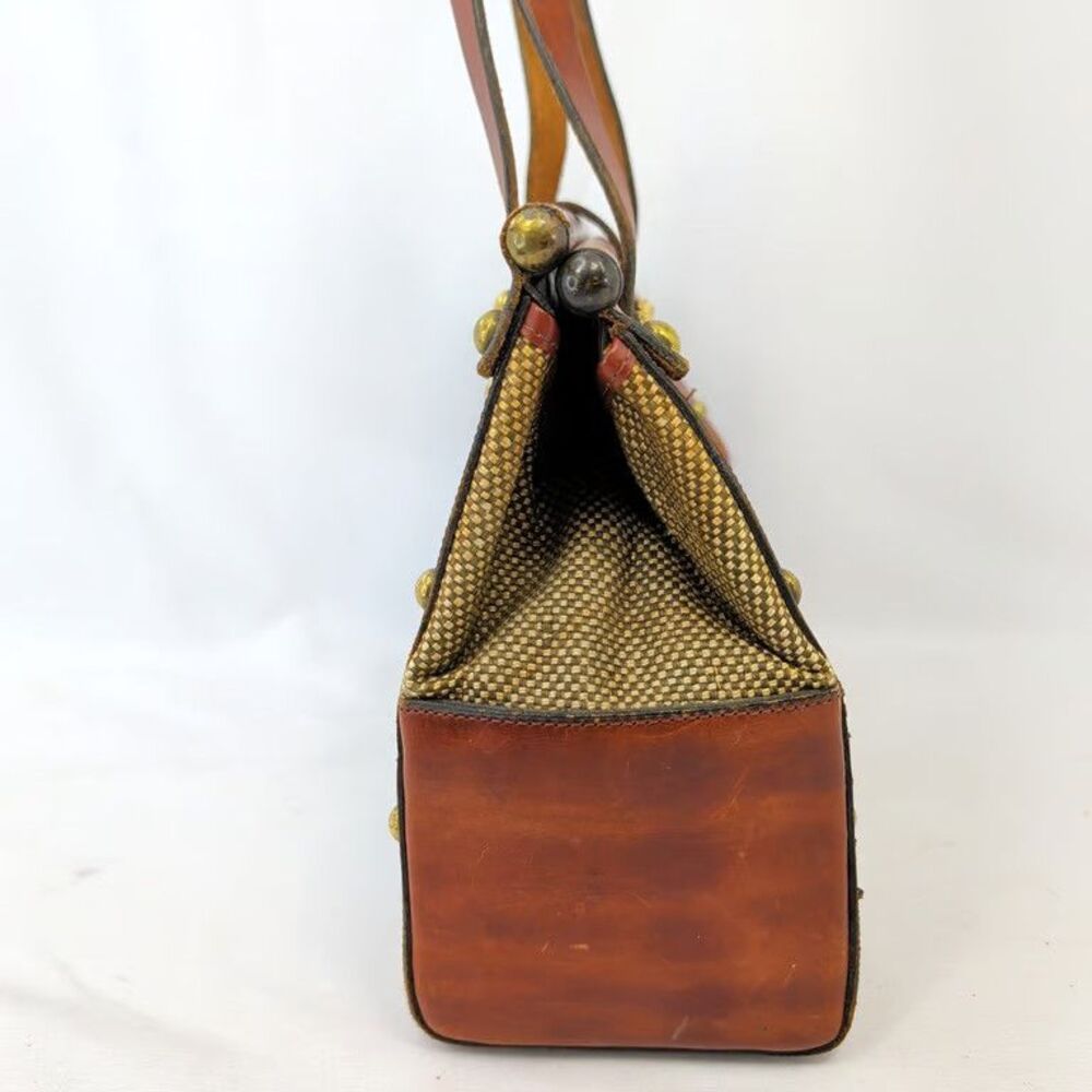 John Romain Vintage Leather Canvas Satchel Bag Je Taime Clasp Studded Brown Tan - Picture 3 of 10